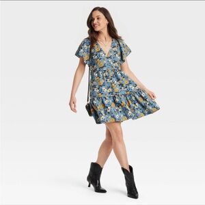 Women's Flutter Short Sleeve Mini Skater Dress - Universal Thread™ Blue Floral S